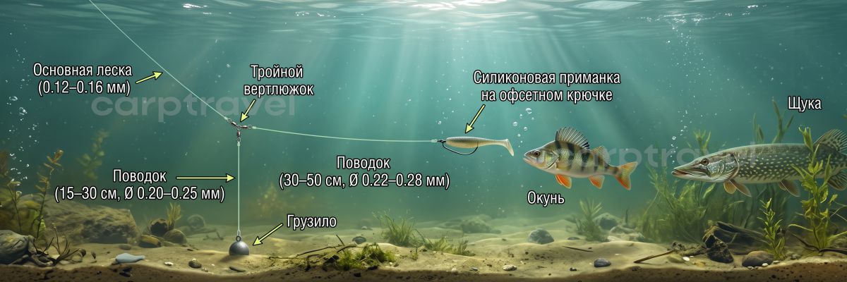 Схема отводного поводка: груз держит дно, а лёгкая приманка свободно парит в толще воды Схема отводного поводка: груз держит дно, а лёгкая приманка свободно парит в толще воды